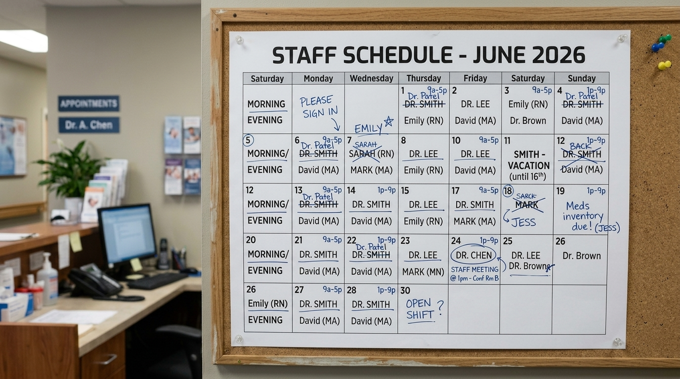 Printed staff schedule on a clinic wall with handwritten corrections — June 2026