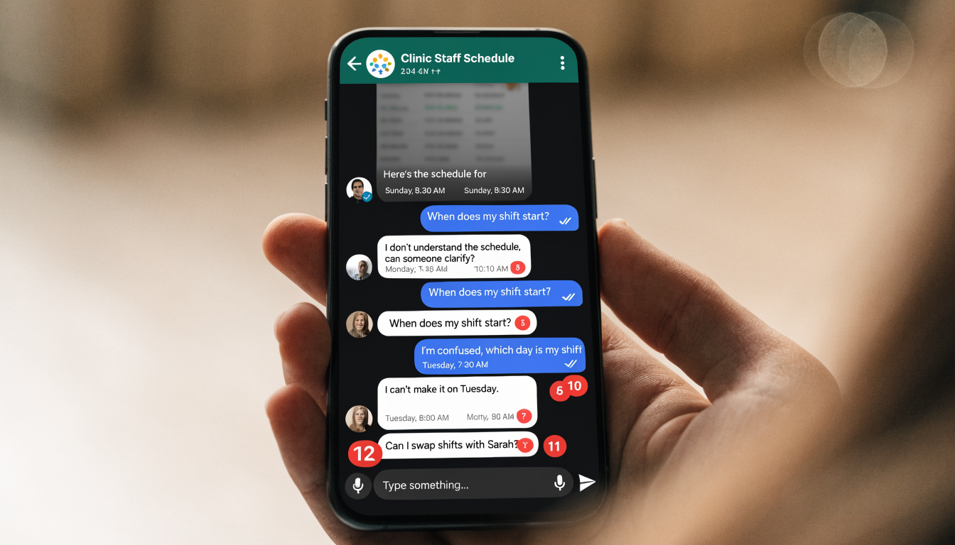 WhatsApp group chat used for clinic staff scheduling — cluttered and confusing